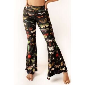 Yoga Democracy Flare Pants Small Butterfly Moth Print Black Boho Yoga Leggings